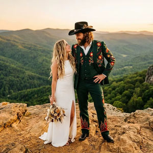 <b>Mens</b> <b>Green</b> Floral Embroidered Western Wedding Suit Cowboy Style Groom <b>Blazer</b> & Trouser Set - Product Image 1