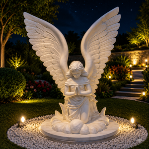 Statue décorative d'extérieur en pierre blanche, boule de lune lumineuse, sculpture de jardin déesse de la lune, design zen asiatique, artisanat religieux LED - Product Image 3