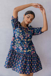 Vestido MIDI con Estampado Floral, Vestido Azul de Algodón con Mangas Abullonadas y Cuello con Volantes, Estilo Casual de Verano, Corte en A, Mini, Holgado - Product Image 5
