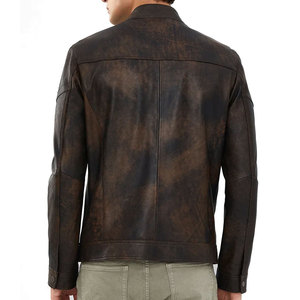 Men's Brown Cow Leather Moto Jacket Stand Collar Zipper Closure Regular Sleeve Autumn Biker Style Solid Color Slim Fit - Product Image 2