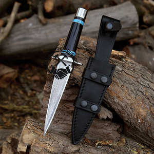 Couteau de chasse à lame fixe en acier Damas avec manche en turquoise et corne de taureau, lame à double tranchant en acier Damas, couteau tactique de survie - Product Image 1