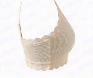 Ensemble soutien-gorge sans armatures et culotte taille mi-haute beige pour femme avec dentelle, en tricot de spandex, style élégant sans couture - Product Image 5