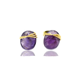 Handmade Amethyst <b>Studs</b> 8–10mm | Oval Wire Wrapped Purple Crystal Earrings | Spiritual Healing Gift - Product Image 2