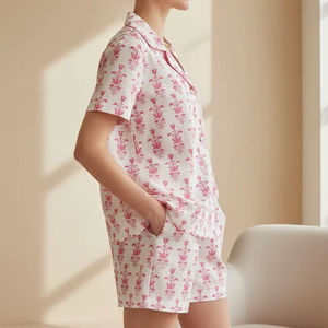 Ensemble de vêtements de nuit décontractés et élégants pour femmes, col rabattu, manches courtes, 100% coton respirant et doux, 2 pièces pour filles - Product Image 1