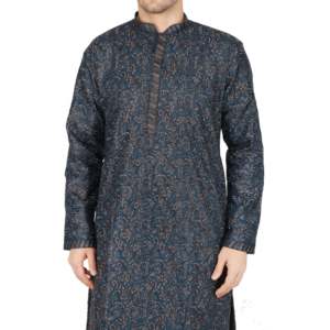 Conjunto de Kurta de Satén Bordado de Diseñador para Hombre en Azul-TMEN03-03-S - Product Image 2