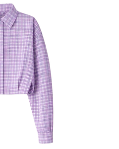 Camisa Corta a Cuadros Color Lavanda para Mujer, Cuello Camisero, Manga Larga, Botones, Blusa Informal, Fabricante OEM Personalizado - Product Image 3