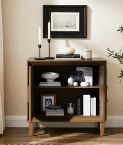 NOUVEAU Meuble d'appoint en noyer style Rétro Mid-Century Modern, avec porte sculptée géométrique effet rayon de soleil, servant de buffet de rangement, table de chevet ou console en bois nordique - Product Image 3