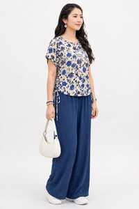 OneTen Apparel <b>Women</b> Summer Floral Print Color Blocking <b>Polo</b> Collar Short Sleeve <b>Top</b> Wide Leg Pants Set Elastic Waist 2-in-1 - Product Image 3