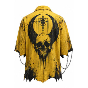 Camisa gótica de manga corta para hombre con estampado de calaveras y cadenas, dobladillo rasgado, cuello vuelto, estilo casual de verano. - Product Image 2
