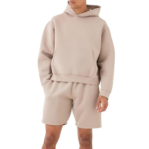 OEM Men's <b>Black</b> Hooded Tracksuit Set Casual 380 GSM Fleece <b>Shorts</b> Men Solid Color Custom Pullover Hoodie And <b>Shorts</b> 2 Pc Set - Product Image 4