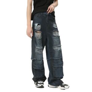 Jean en denim délavé sur mesure pour homme, coupe droite, style baggy, effet usé, haute qualité, lourd, idéal pour l'hiver - Product Image 6