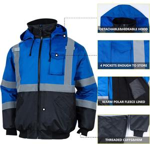 Veste de travail à capuche haute visibilité pour homme, bleue, avec bandes réfléchissantes, imperméable, col montant, fermeture éclair et poches - Product Image 5
