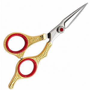 Ciseaux de coiffure professionnels en acier inoxydable, lame tranchante, manche doré, décoré d'une pierre rouge, pour droitiers - Product Image 1