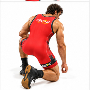 Maillot de lutte personnalisé pour homme, motif tête de loup, rouge et noir, sublimation, uniforme de compétition d'équipe, personnalisable OEM, tissu sportif extensible quadridirectionnel - Product Image 6