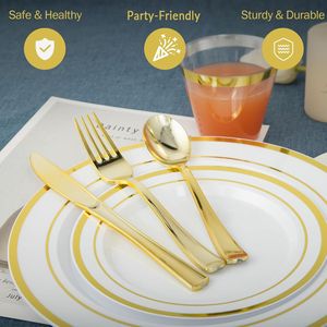 Set di 600 Pezzi di Stoviglie Monouso in Plastica Dorata Include 100 Piatti, Bicchieri, Cucchiai e Forchette per Feste - Product Image 3