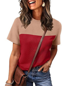 เสื้อยืดผู้หญิง คอวี แขนสั้น ทรงปกติ ผ้าถัก ทอแบบ Color Blocking ใส่สบาย ไม่หดตัว ผลิตจากผ้าฝ้าย/ใยไผ่ ใส่ได้ทุกฤดู - Product Image 5