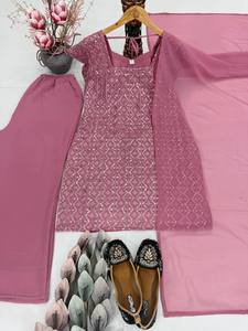 TOP PLAZZO Ensemble moderne en Georgette Foux lourde avec broderie de sequins chinois, idéal pour les occasions festives, séchage rapide, coupe classique - Product Image 6