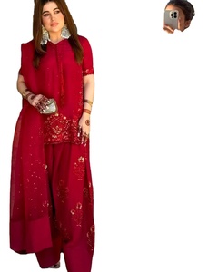 Présentation de la nouvelle collection de créateurs en soie crépue naturelle haut-bas et ensemble Dupatta entièrement cousu prêt à porter - Product Image 1