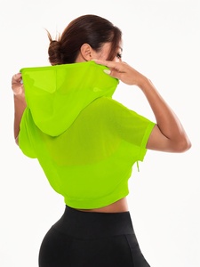 Women's <b>Neon</b> Green Chiffon V-Neck Crop <b>Top</b> With Zipper Front Short Sleeve Sexy Club Wear Summer Style - Product Image 3