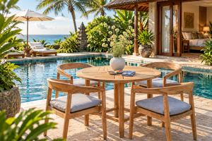 Wooden <b>Garden</b> <b>Table</b> Set Round Outdoor Dining Furniture Patio Seating Set with Cushioned <b>Chairs</b> for Villa Poolside - Product Image 3