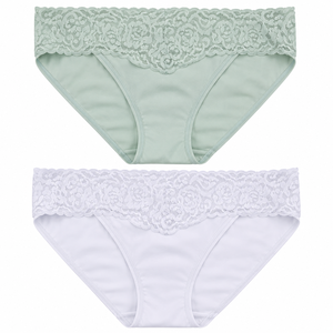 Bikini taille mi-haute pour femme, lot de 5 pièces, uni, avec dentelle, respirant, en coton et élasthanne, sans couture, blanc, vert menthe - Product Image 6