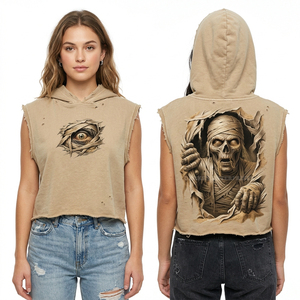 Custom Sleeveless Women Hoodie Cropped Tan <b>Distressed</b> Vest Mummy Eye Graphic Ripped Raw Hem Hooded Tank <b>Top</b> Streetwear - Product Image 1