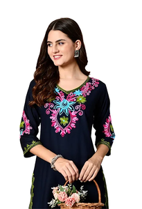 <b>Women's</b> <b>Navy</b> Blue Embroidered Rayon Kurta <b>Top</b> Regular Fit Mini Length Casual Wear India Pakistan Design All Seasons - Product Image 6