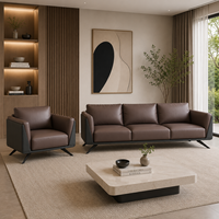 Ensemble de canapés en cuir marron de luxe moderne INTELLIGENTIA WOODS avec fauteuil d'appoint et table basse à plateau en marbre |   Salon haut de gamme pour la maison