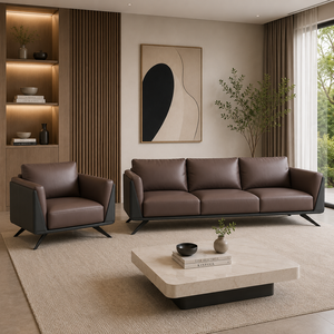 INTELLIGENTIA WOODS - Juego de Sofás de Cuero Marrón de Lujo Moderno con Sillón de Diseño y Mesa de Centro con Tapa de Mármol |   Sala de Estar Premium para el Hogar - Product Image 1