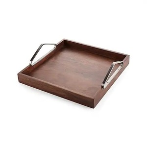 Square Wooden Serving Tray With Metal Handles Minimalist Design Solid Color Durable Party Dishes & Plates Handmade Wooden Tray - Product Image 1
