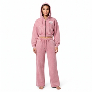 Conjunto de Top Corto con Cremallera Completa y Hombros Caídos de Algodón Lavado al Ácido y Felpa, y Pantalones Jogger de Pierna Ancha para Mujer, con Logotipo Personalizado - Product Image 5
