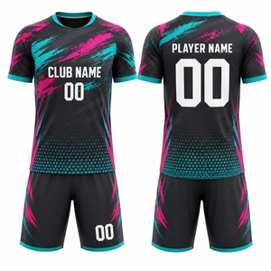 Conjunto de Camiseta de Fútbol Sublimada Personalizada, Negra, Rosa y Verde Azulado, Cuello Redondo, Manga Corta, Absorbe la Humedad, 100% Poliéster, para Hombre Adulto - Product Image 1