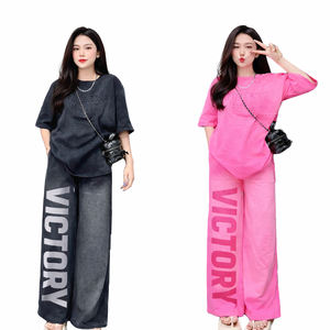 Conjunto Deportivo de 2 Piezas para Mujer, Estilo Casual, Camiseta Holgada y Pantalones Anchos, Ropa de Verano, Moda Urbana - Product Image 1