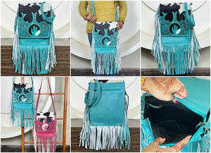 Custom Handcrafted Western Fringe Crossbody Bag Hand Toold Genuine Leather <b>Hair</b>-On-Hide Cowhide Purse with Cactus Cutout Design - Product Image 3