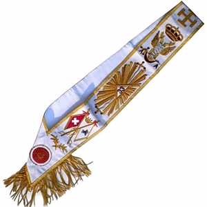 Echarpe Masónica de Alta Calidad del 33º Grado del Rito Escocés con Moaré Blanco y Borde Dorado, Colores y Diseños Personalizables - Product Image 1