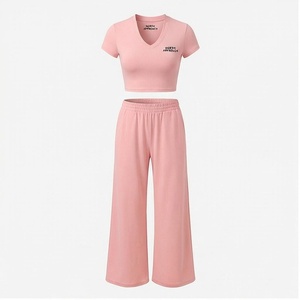 Ensemble de yoga 2 pièces North Approach, haut court à col en V, pantalon long rose, respirant, en coton et élasthanne, vêtements de sport pour femmes - Product Image 1