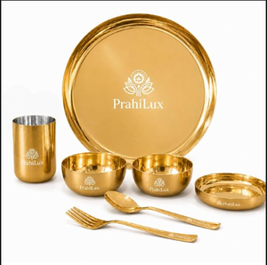 Juego de Platos para Comida (Thali) de Acero Inoxidable Dorado con Recubrimiento PVD, 7 Piezas - Product Image 1