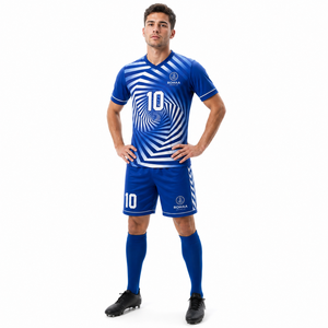 Ensemble Maillot et Short de Football Personnalisé Bleu Royal et Blanc avec Nom et Numéro, Motif Spirale Sublimé, Tenue d'Équipe OEM Usine Pro - Product Image 4