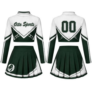 Dark Green <b>White</b> Sublimated Cheer <b>Long</b> Sleeve Uniform Set Pleated <b>Skirt</b> Athletic Team Sportswear Training Practice Performance - Product Image 1
