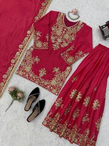 Women <b>Red</b> <b>Silk</b> Salwar Kameez With Gold Embroidery Traditional Indian Wedding Wear Floor-Length Regular Fit - Product Image 2