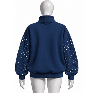 Navy Blue Oversized Women Mock Neck Sweatshirt <b>Pearl</b> Studded Sleeve Pullover Loose Fit Casual Streetwear Long Sleeve Winter <b>Top</b> - Product Image 2