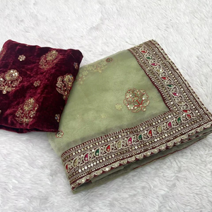 Nuevo Sari de Seda Organza Suave Estilo Bollywood con Bordado Codificado y Trabajo de Hilos Múltiples, Más Blusa Bordada de Terciopelo Pesado - Product Image 1