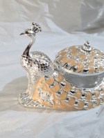 Zilveren Peacock Mukhavas doosje, handgemaakt mondverfrisserschaaltje met lepel, elegant huwelijkscadeau, geschikt voor gedroogd fruit.