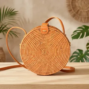 Sac à bandoulière rond en paille, best-seller d'Indonésie, avec sangle en cuir, sac de plage estival - Product Image 2