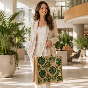 Sac fourre-tout en jute tissé personnalisé avec imprimé feuilles, poignée longue en corde, réutilisable pour le commerce de détail, l'épicerie et les cadeaux - Product Image 1