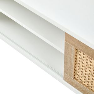 Mobile TV in Legno Massello da 140 cm con Ripiano Regolabile, Doppie Ante Scorrevoli, Finitura in Rattan, Consolle per Soggiorno con Dettagli Bianchi - Product Image 2