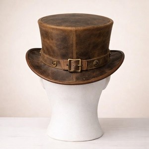 Premium Quality Custom Handmade Unisex Brown Leather Top <b>Hat</b> Vintage <b>Steampunk</b> Victorian Costume Gift <b>Hat</b> - Product Image 3