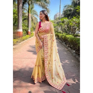 Sari en filet brodé de diamants de créateur, design ethnique moderne, lavable, non cousu, pour fêtes et mariages, pour femme Fatema - Product Image 1