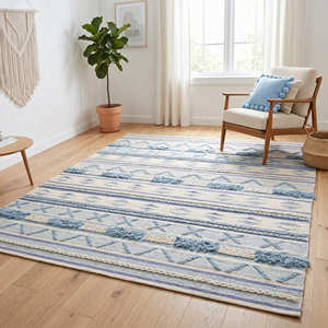 Coastal Boho Cotton Area Rug with Blue Geometric Pattern for Living Room, Bedroom & Beach House Interiors - Product Image 1