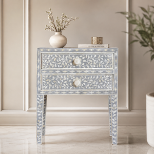 Bone Inlay Nightstand 2 <b>Drawer</b> <b>Side</b> Table Floral Inlaid Bedside Cabinet for Living Room Bedroom - Product Image 1